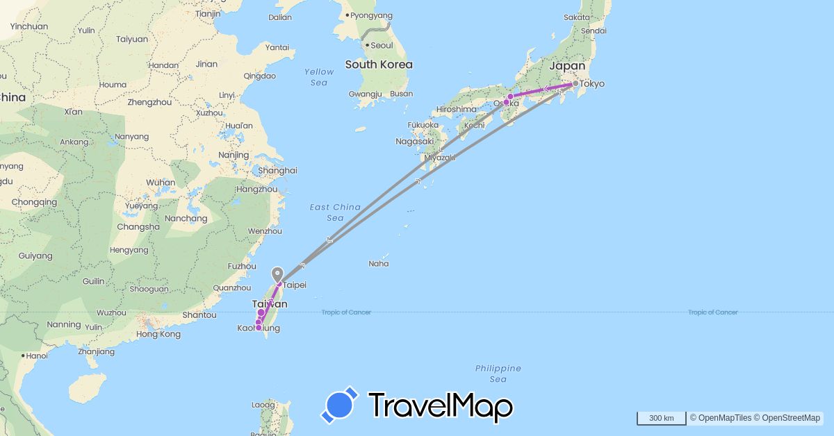 TravelMap itinerary: driving, plane, train in Japan, Taiwan (Asia)
